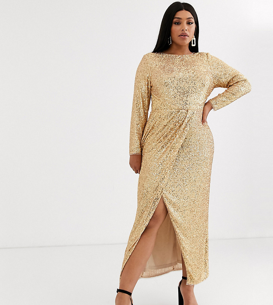 TFNC Plus wrap maxi dress in gold sequin