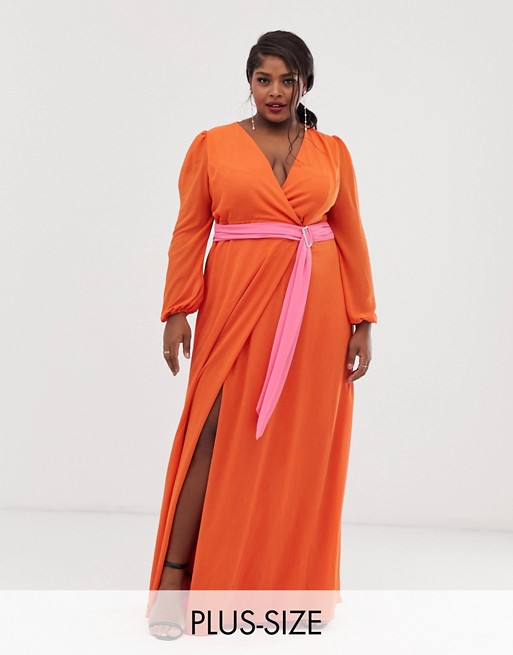 TFNC Plus wrap maxi dress with contrast waistband in orange