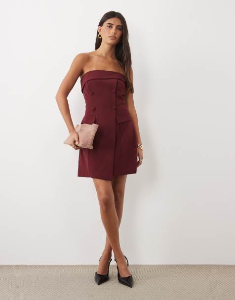 TFNC premium crepe bandeau tailored button detail mini dress in burgundy - view 1