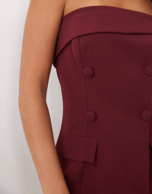 TFNC premium crepe bandeau tailored button detail mini dress in burgundy, 2 of 4