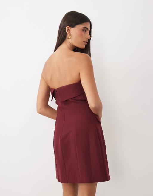 TFNC premium crepe bandeau tailored button detail mini dress in burgundy, 3 of 4