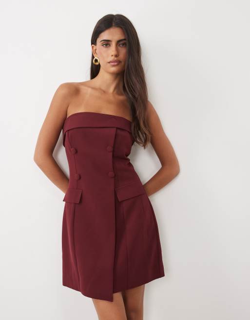 TFNC premium crepe bandeau tailored button detail mini dress in burgundy, 4 of 4