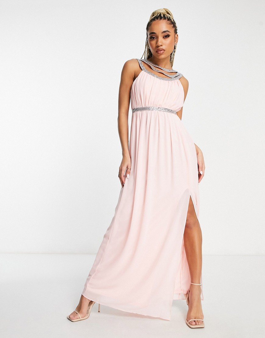 premium embellished back and front maxi dress in whisper pink