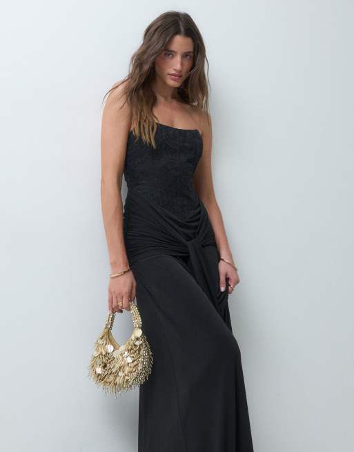 TFNC Premium lace bandeau corset detail tie drape maxi dress in black, 2 of 5