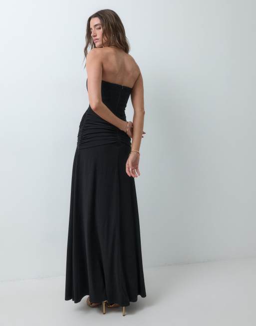 TFNC Premium lace bandeau corset detail tie drape maxi dress in black, 4 of 5