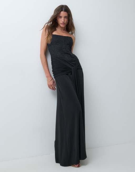 TFNC Premium lace bandeau corset detail tie drape maxi dress in black, 5 of 5