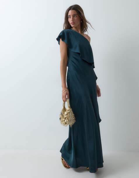TFNC Premium Satin-One-Shoulder-Maxikleid mit Volantdetail und asymmetrischem Rückendetail in Dunkelgrün - view 1
