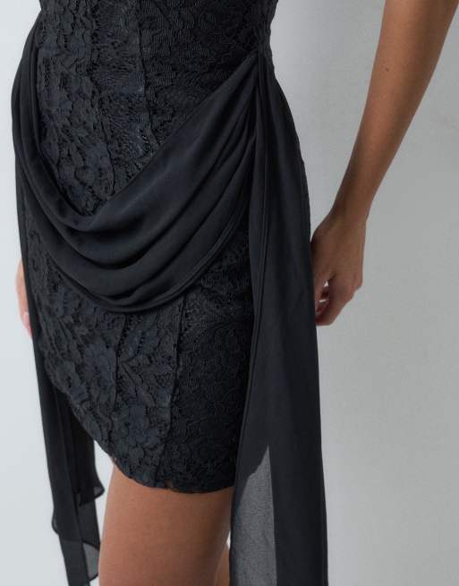 TFNC Premium sculpted corset detail lace and chiffon mini dress in black, 2 of 5