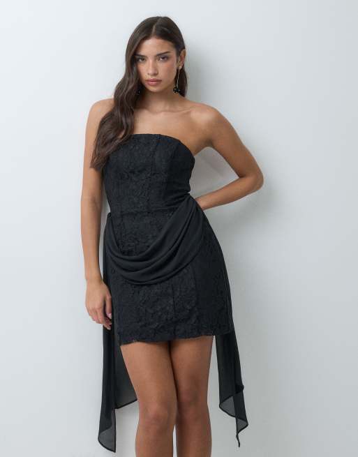 TFNC Premium sculpted corset detail lace and chiffon mini dress in black, 3 of 5