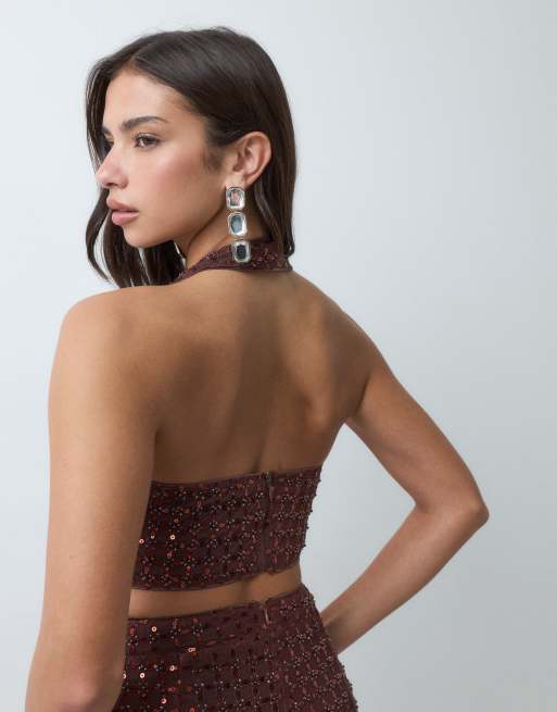 TFNC premium sequins plunge halter neck embellished  top co-ord in brown, 3 of 5