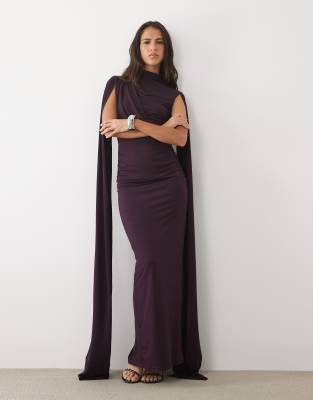 Tfnc Premium Slinky High Neck Drape Detail Cape Sleeve Maxi Dress In Purple