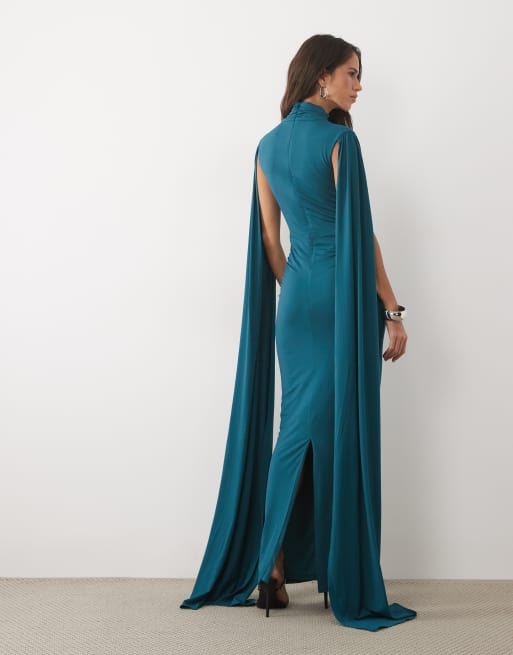 TFNC premium slinky high neck drape detail cape sleeve maxi dress in teal, 3 of 4