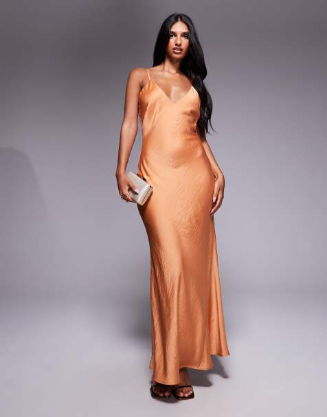 TFNC v back button detail maxi dress in rust