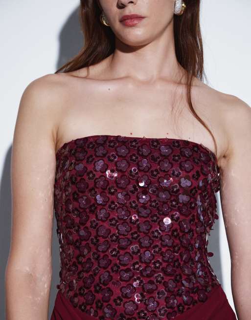TFNC robe courte à imprimé fleuri, sequins et détail drapé en mousseline, bordeaux, 3 de 4