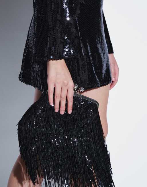 TFNC robe courte à sequins, encolure bateau, manches évasées, dos dégagé plongeant, noire, 4 de 4