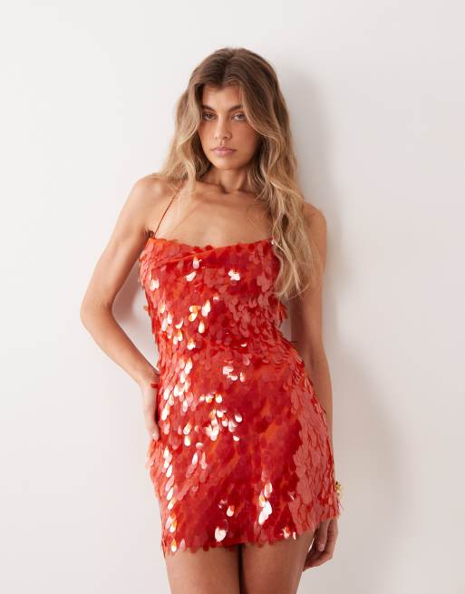 TFNC robe courte caraco à sequins disco avec dos ouvert à nouer, rouge, 2 de 4