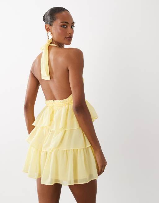 TFNC - Robe courte dos nu en mousseline froncée à volants - Jaune beurre, 3 de 4