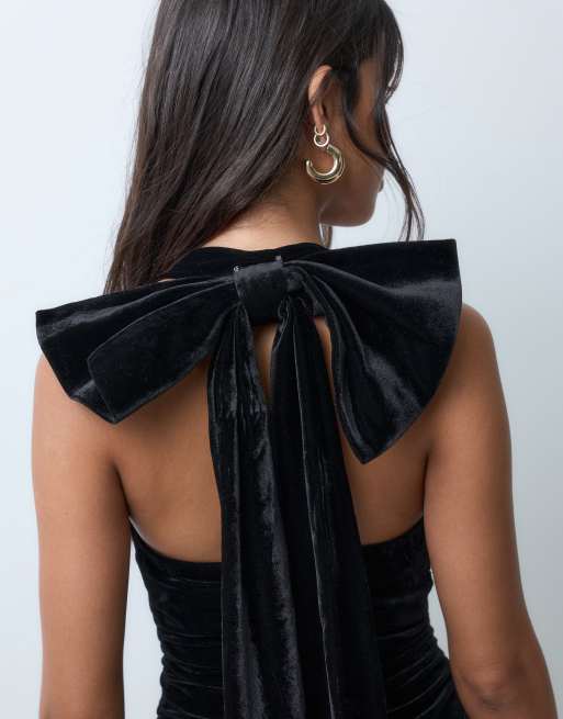 TFNC robe courte en velours à col halter avec nœud, noire, 4 de 5