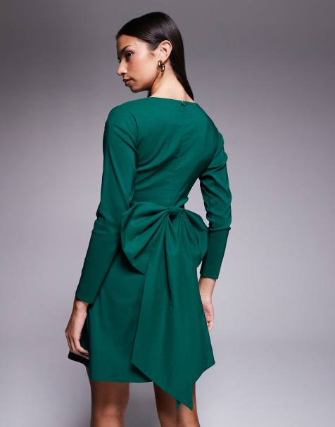 TFNC - Robe courte évasée avec manches longues et nœud au dos - Vert - view 1