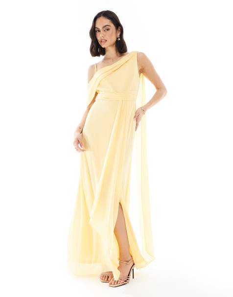 TFNC - Robe de demoiselle d'honneur coupe longue et asymétrique avec jupe portefeuille et détail drapé - Jaune citron - view 1