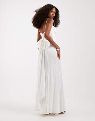 Robe de mariée longue en satin avec décolleté en caur, ourlet en mousseline et naud au dos - Ivoire-Blanc 40
