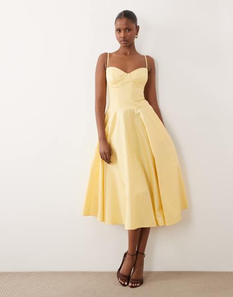 TFNC - Robe évasée mi-longue en coton avec bonnets préformés et bretelles fines - Citron - view 1