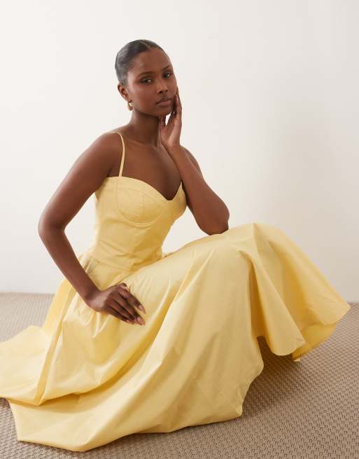 TFNC - Robe évasée mi-longue en coton avec bonnets préformés et bretelles fines - Citron, 2 de 4