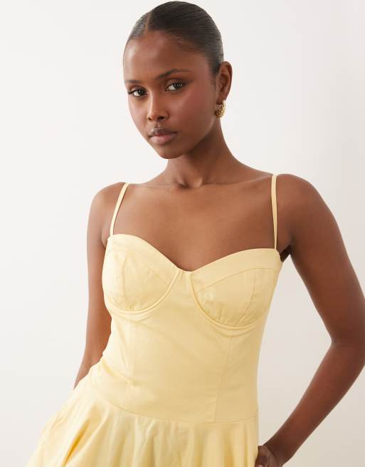 TFNC - Robe évasée mi-longue en coton avec bonnets préformés et bretelles fines - Citron, 3 de 4