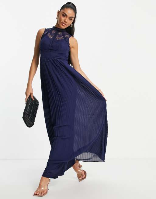 TFNC - Robe longue à encolure haute et dentelle - Bleu marine