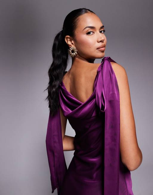 TFNC - Robe longue à épaule tombante et détails noués - Violet baie, 3 de 4