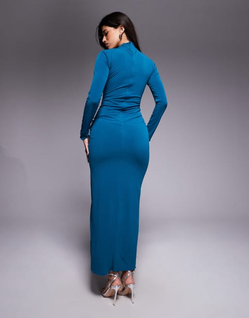TFNC - Robe longue à manches longues avec fente sur la cuisse - Sarcelle, 3 de 4
