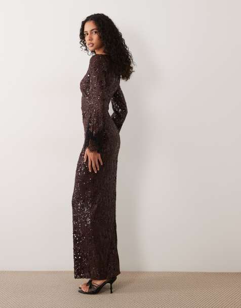 TFNC robe longue à paillettes, encolure bateau, manches évasées, finition dentelle, chocolat - view 1