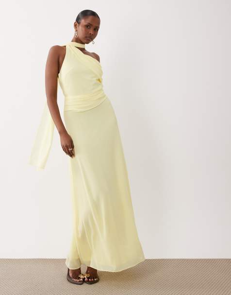 TFNC - Robe longue asymétrique en mousseline avec encolure foulard - Citron - view 1
