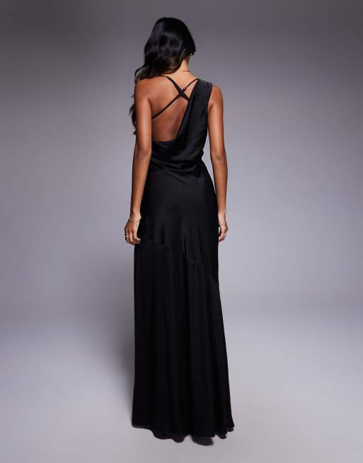 TFNC - Robe longue asymétrique en satin à bretelles croisées dans le dos - Noir , 2 de 4