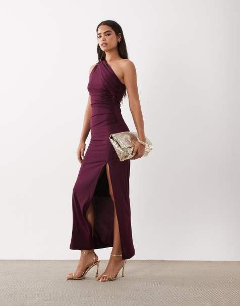 TFNC - Robe longue asymétrique ultra moulante à fente haute et écharpe - Prune - view 1
