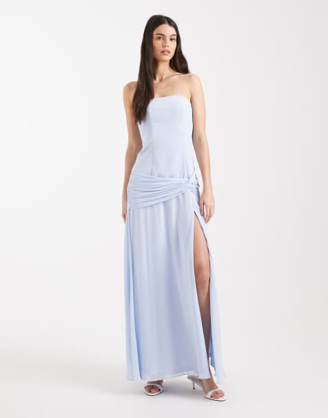 TFNC - Robe longue bustier fendue en mousseline à taille basse et détail torsadé pour demoiselle d'honneur - Bleu - view 1
