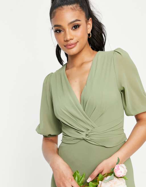 TFNC - Robe longue cache-cœur de demoiselle d'honneur - Vert cendré, 3 de 4