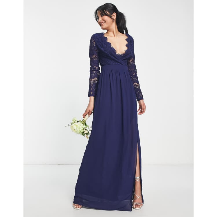 TFNC Robe longue de demoiselle d honneur avec dos ouvert et details en dentelle Bleu marine ClassicfuncenterShops