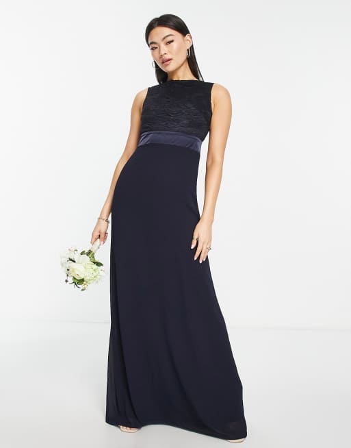 TFNC - Robe longue de demoiselle d'honneur en mousseline avec bords festonnés en dentelle au dos - Bleu marine 