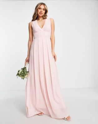 TFNC Bridesmaid chiffon v front maxi dress with pleated skirt in whisper pink - ASOS Price Checker