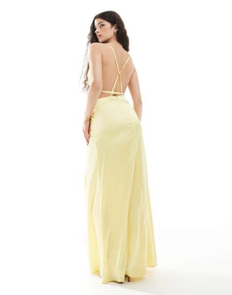 TFNC - Robe longue de demoiselle d'honneur en satin avec détail minimaliste au dos - Jaune citron - view 1