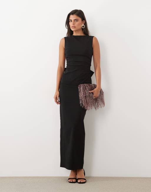 TFNC robe longue en bengaline à encolure bateau, dos nu et nœud dans le dos, noire, 3 de 4