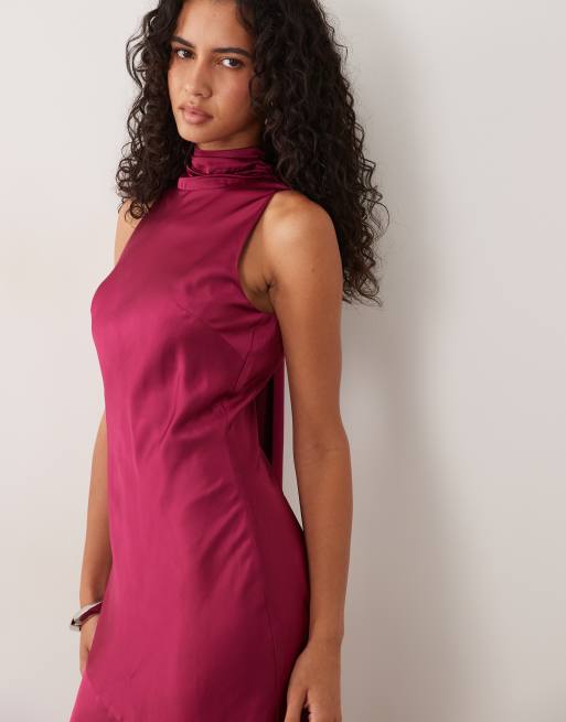 TFNC robe longue en mousseline à col montant avec nœud, couleur framboise, 2 de 4