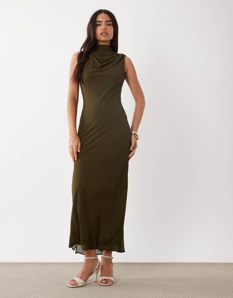 TFNC - Robe longue en mousseline avec col montant et détail foulard - Olive - view 1