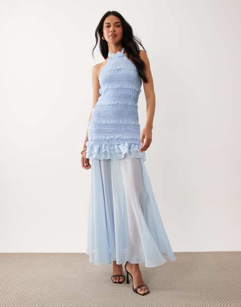 TFNC - Robe longue en mousseline froncée avec jupe transparente et volants - Bleu - view 1