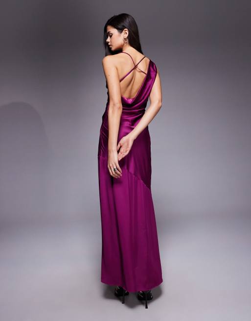 TFNC - Robe longue en satin à encolure drapée et dos croisé - Prune, 3 de 4