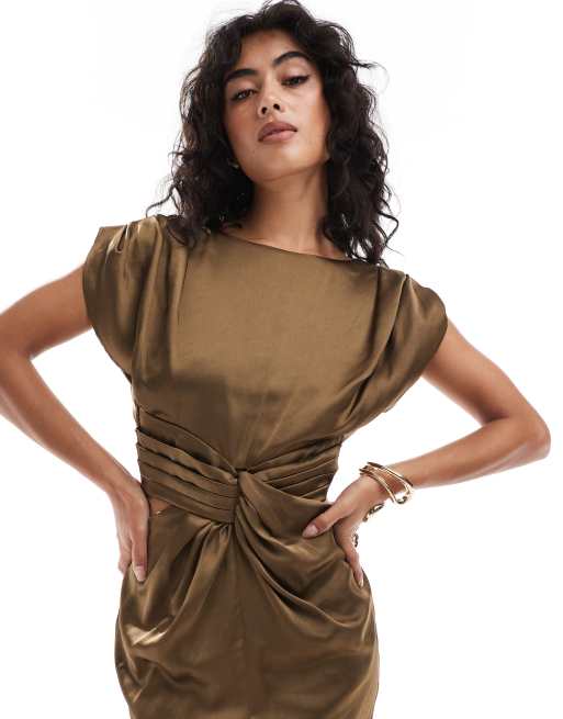 TFNC - Robe longue en satin avec taille nouée et découpes - Olive, 3 de 4