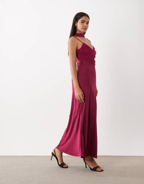 TFNC - Robe longue en satin et mousseline avec détail foulard - Framboise - view 1