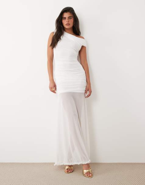 TFNC - Robe longue en tulle à épaule dénudée asymétrique avec jupe froncée transparente - Blanc - view 1