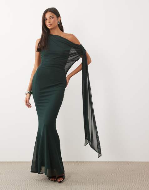 TFNC robe longue en tulle drapée à une épaule avec détail noué, vert émeraude - view 1